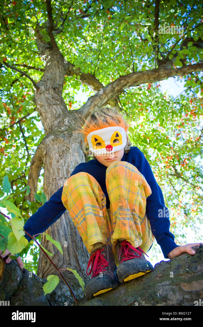 Boy wearing clown mask and sitting on a tree, Bozeman, Gallatin County, Montana, USA Stock Photo