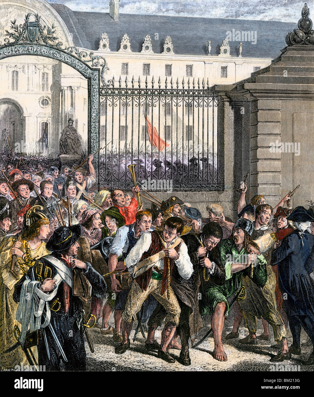 Revolutionaries seizing weapons at Les Invalides before storming the Bastille, French Revolution, 1789. Hand-colored woodcut Stock Photo