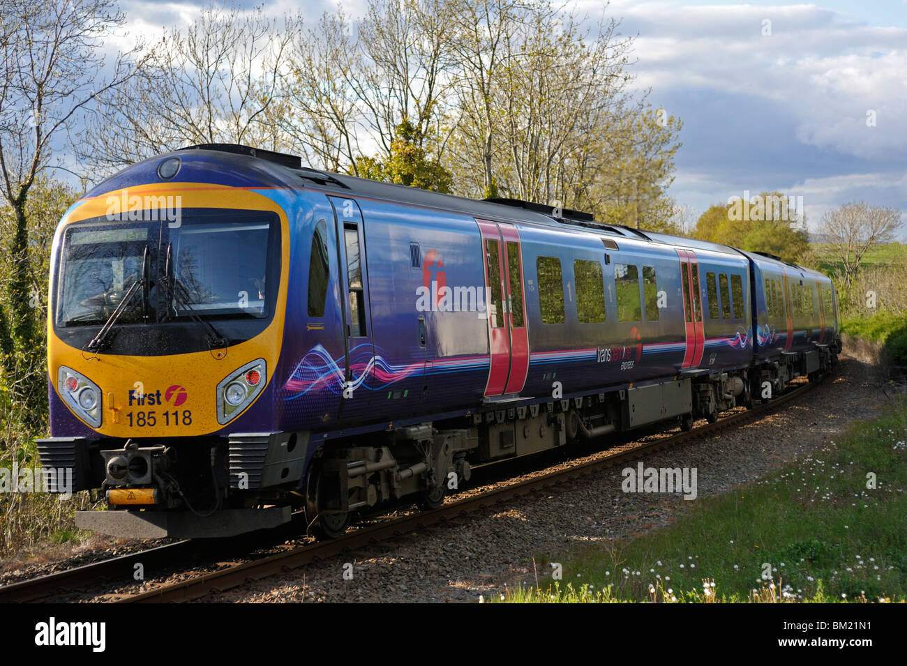 First TransPennine Express, DMU Class 185 Desiro, Number 185 118 approaching Oxenholme Station, Cumbria, England, U.K., Europe. Stock Photo