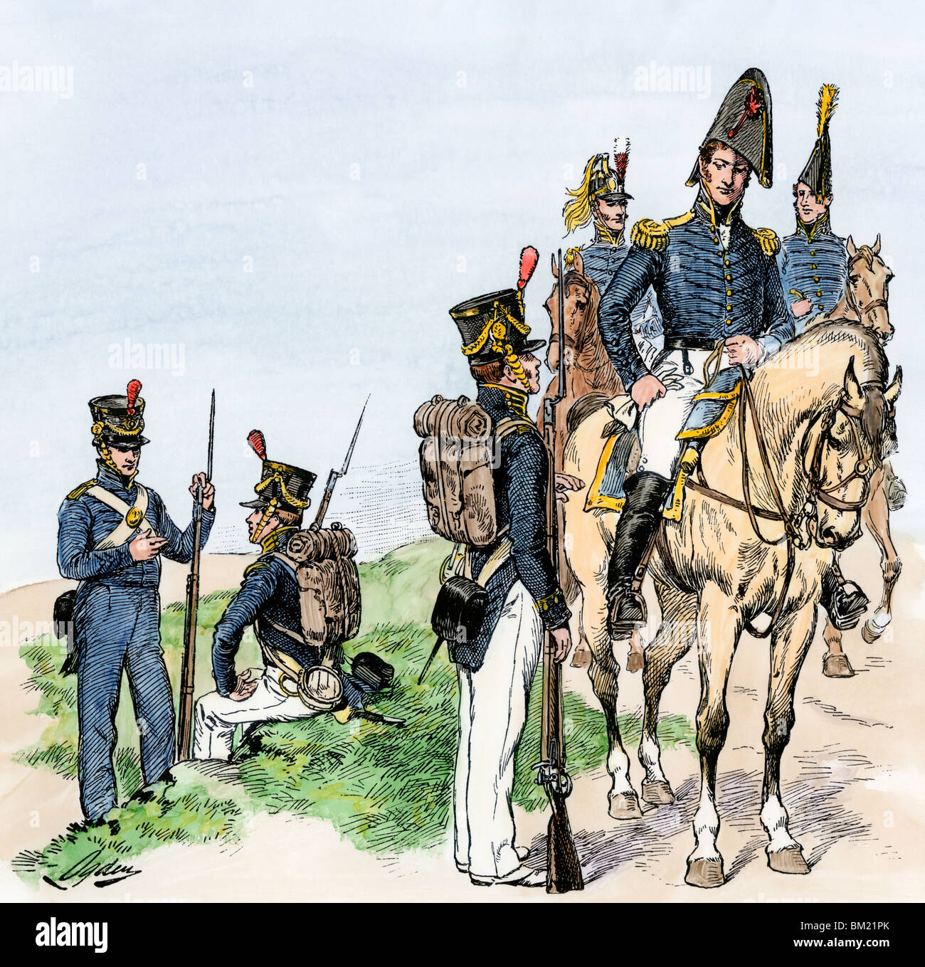 US military uniforms 1813-1821: rifleman, artillery, infantry, dragoon, general, and field officer (left-right). Hand-colored woodcut Stock Photo