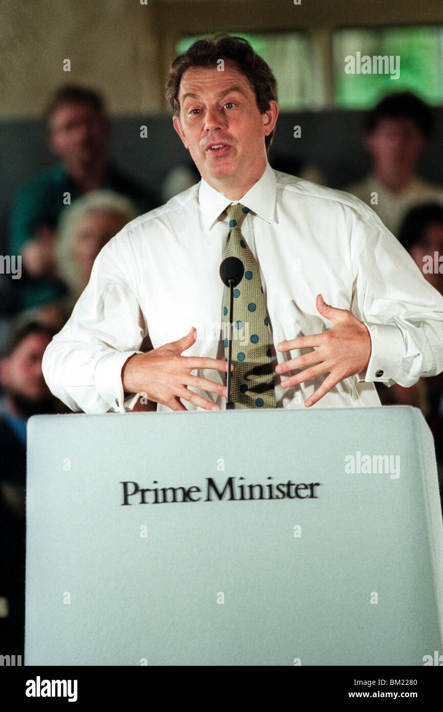 Prime Minister Tony Blair speaking to audience during the 1997 Referendum YES campaign for a National Assembly for Wales Stock Photo