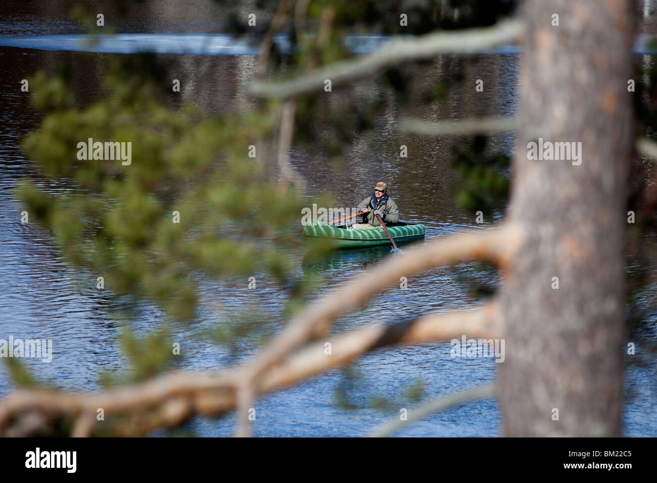 Fisherman rowing a small canoe , Finland Stock Photo Alamy