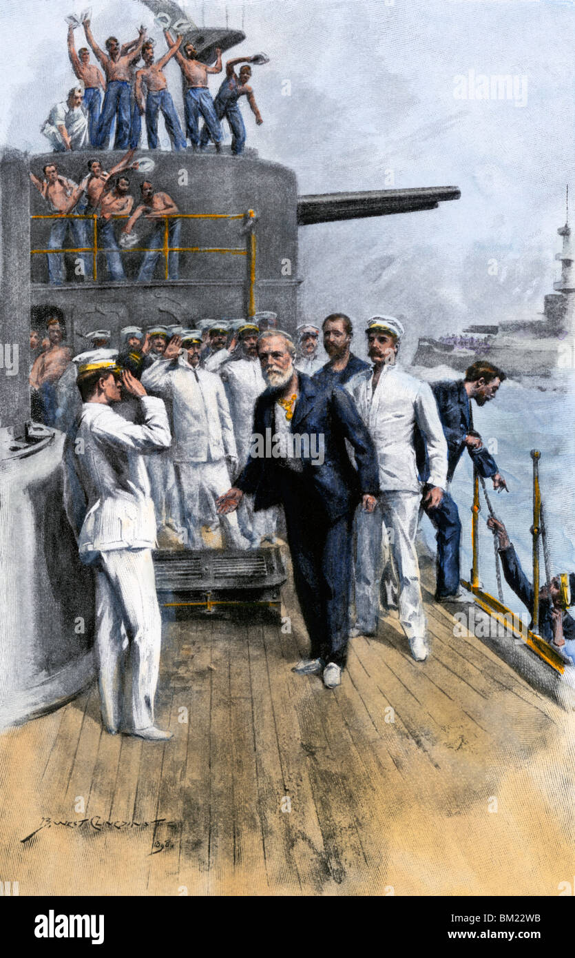 Spanish Admiral Pasqual Cervera y Topete taken aboard the USS Iowa, Battle of Santiago, 1898. Hand-colored halftone of an illustration Stock Photo