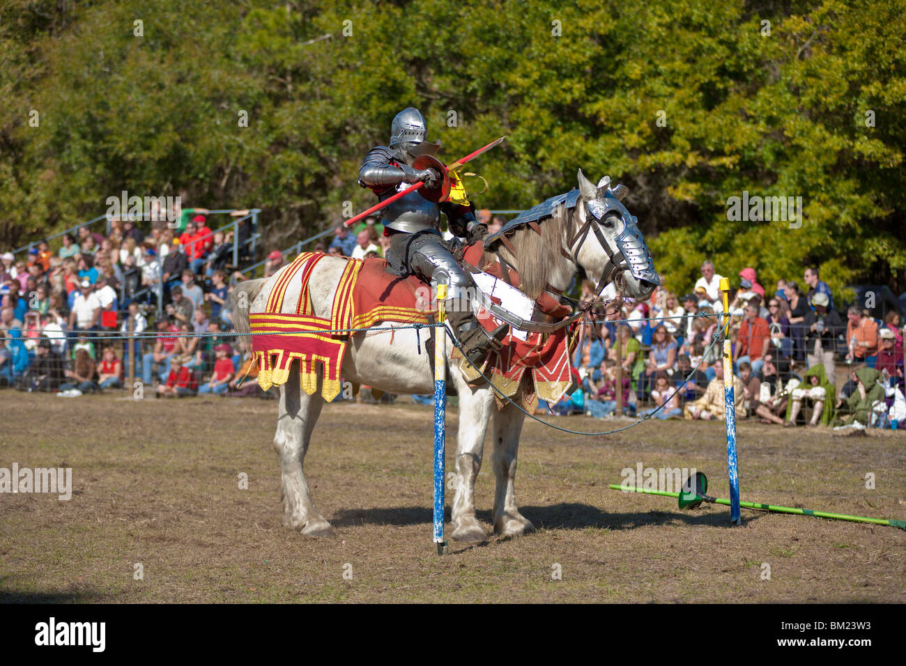 Gainesville FL - Jan 2009 - Man dressed as knight with broken lance on jousting field at Hoggetowne Medieval Faire Stock Photo