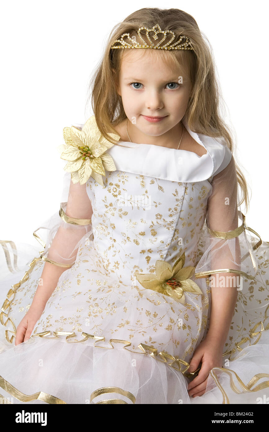 Beautiful Little Girl In Dress Of Princess With Diadem On Long