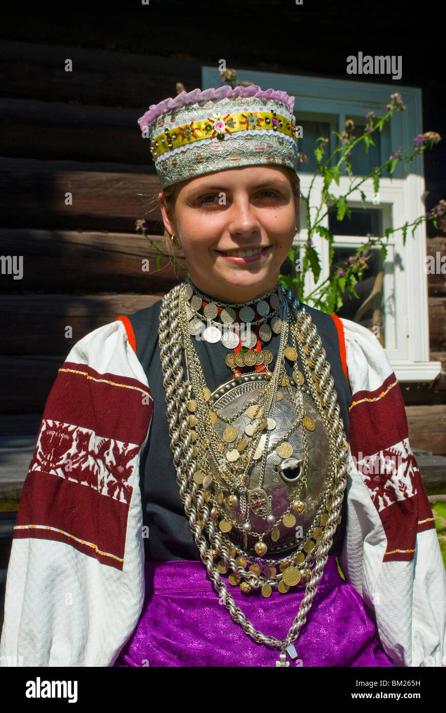Traditionally dressed Setu woman from a local tribe in South East Estonia, Estonia, Baltic States, Europe Stock Photo