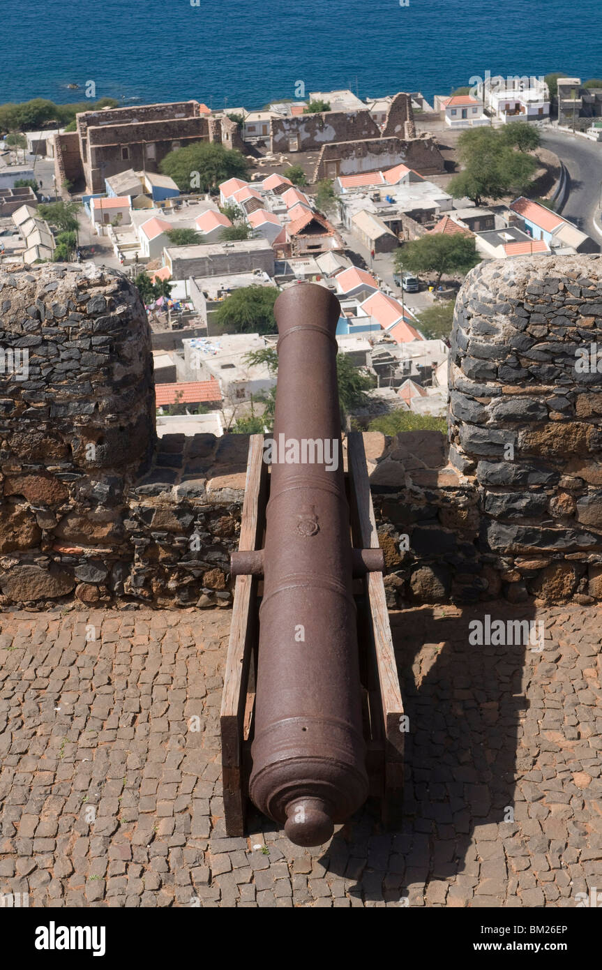 Cannon and loop-hole, Ciudad Velha, Cidade Velha, Santiago, Cape Verde, Africa Stock Photo
