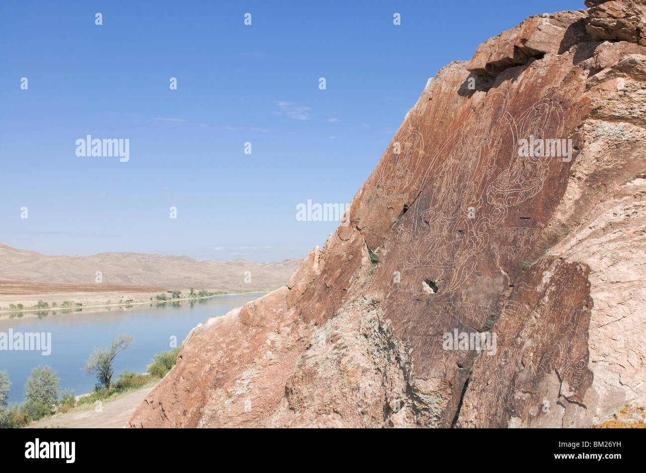 Buddhist carvings in Tamagaly Das above the Ily River, Kazakhstan, Central Asia Stock Photo