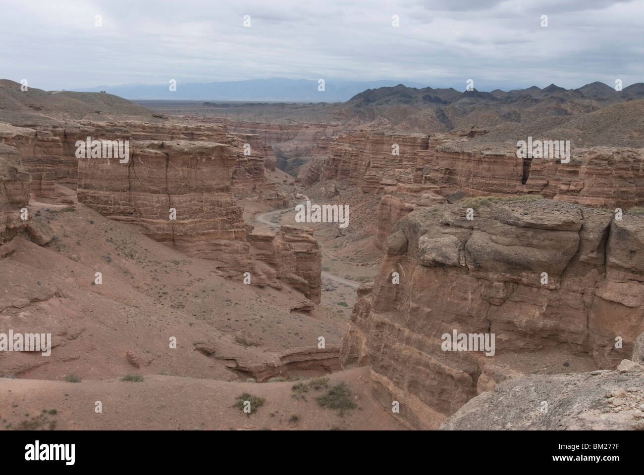 Rock formations in arid landscape at Charyn Canyon, Kazakhstan, Central Asia Stock Photo