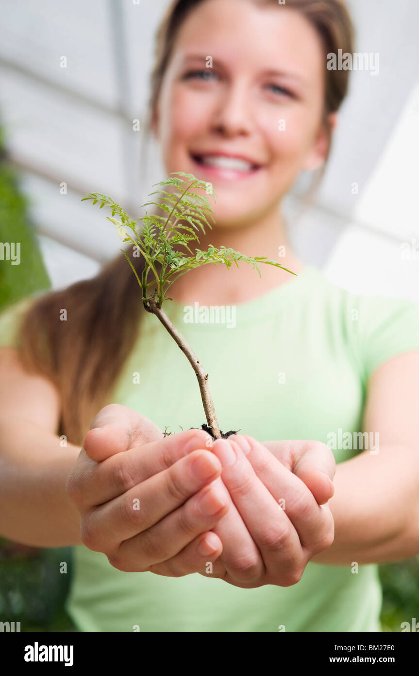 Woman holding a sapling in a greenhouse Stock Photo