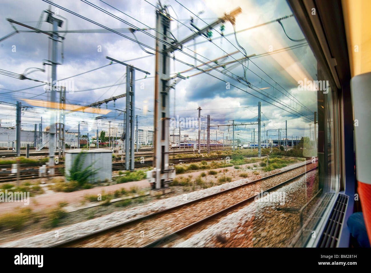 Tgv Window View through the window of a TGV train approaching Paris, France Stock ...