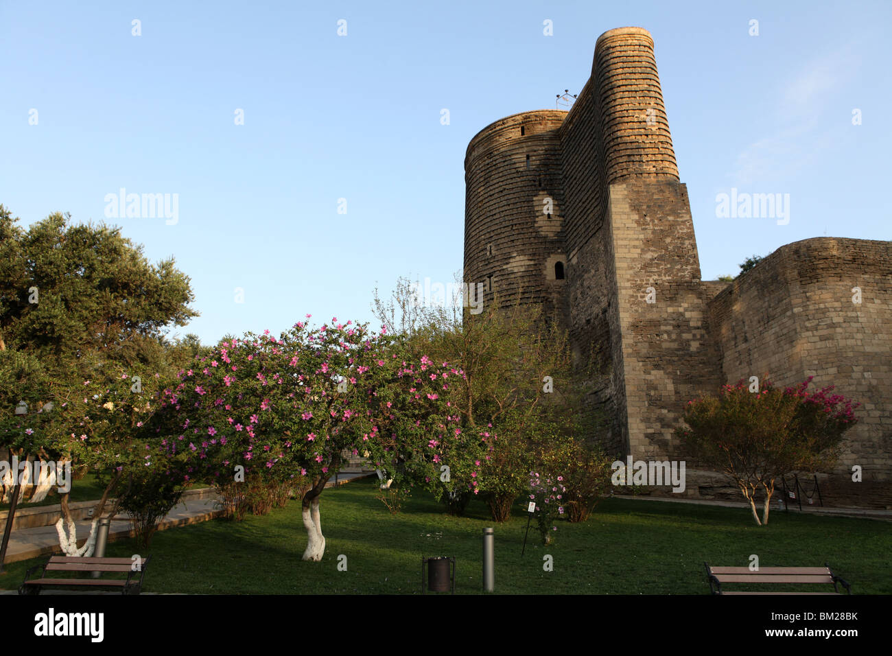 The Maiden Tower situated in the historical old walled city of Baku in Azerbaijan, Central Asia. Stock Photo