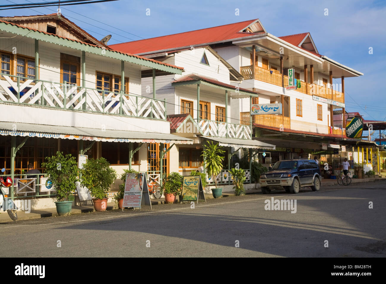 Hotels in main street, Colon Island (Isla Colon), Bocas del Toro Province, Panama Stock Photo