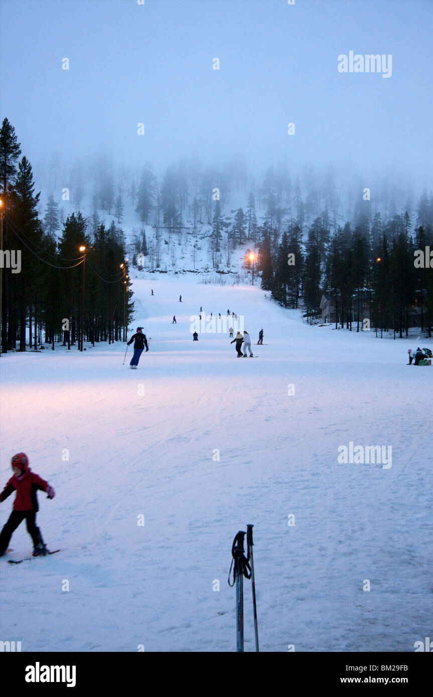 Pyha-Luosto ski resort at dusk, Finnish Lapland, Finland, Scandinavia Stock Photo