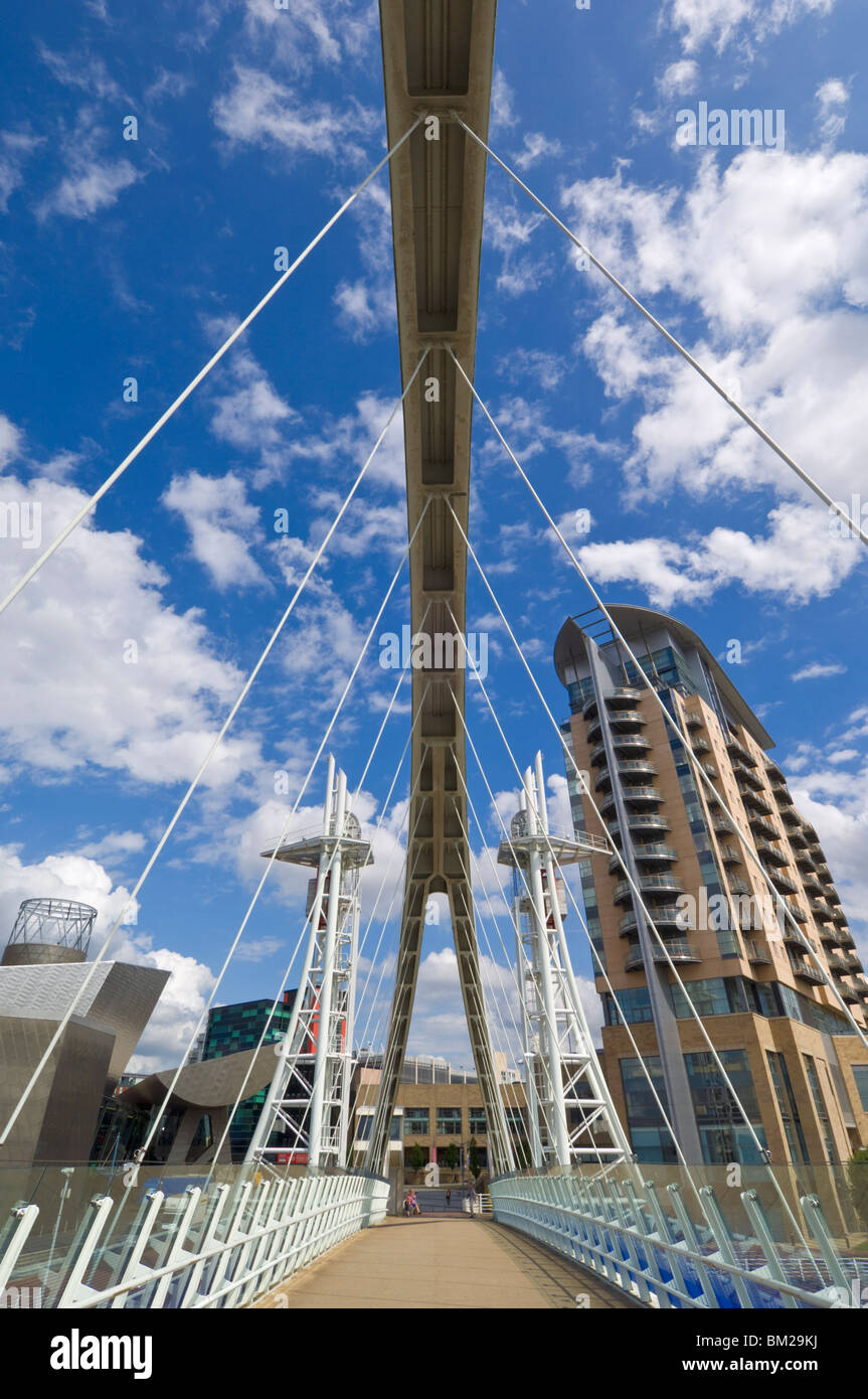 Modern architecture of new apartment buildings and the Lowry Centre fron the Millennium Bridge, Manchester, UK Stock Photo