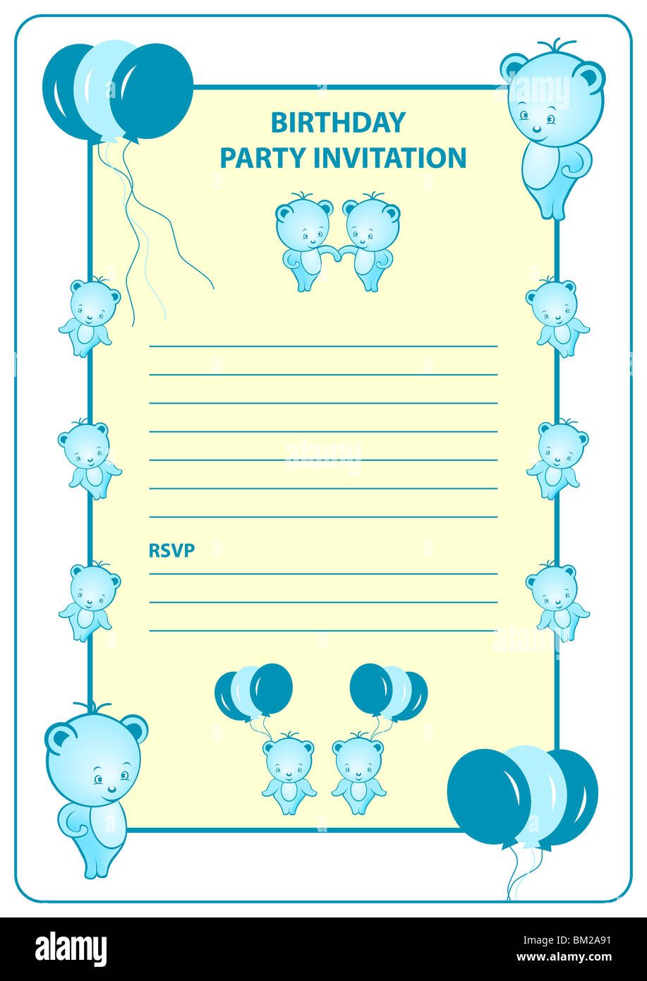 Boys birthday party invitation card with blue cartoon bears and balloons Stock Photo - Alamy Boys birthday party invitation card with blue cartoon bears and balloons Stock Photo - Alamy