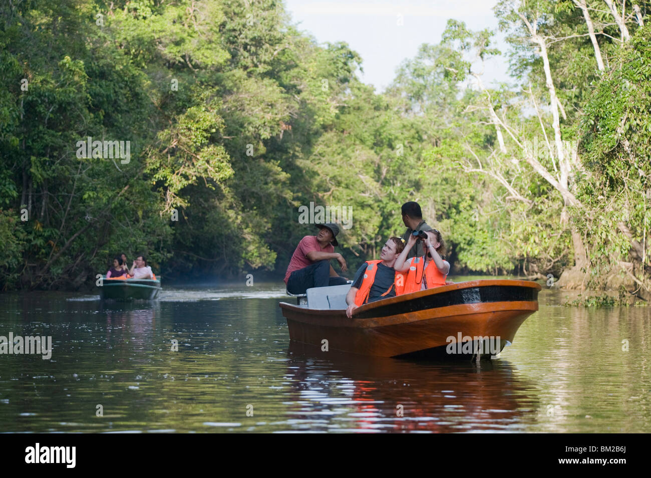 Tour boats, Sungai Kinabatangan River, Sabah, Borneo, Malaysia, Southeast Asia Stock Photo