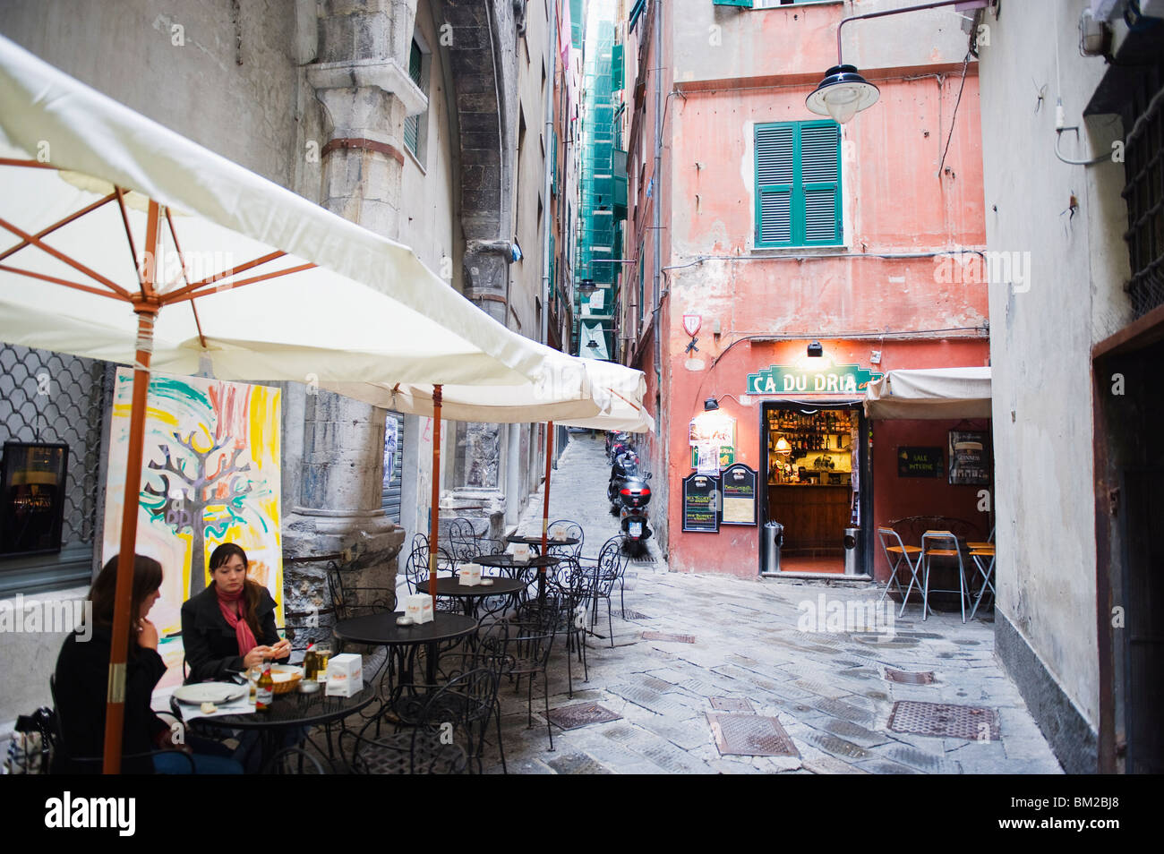 Cafe and bar in side street, Genoa (Genova), Liguria, Italy Stock Photo