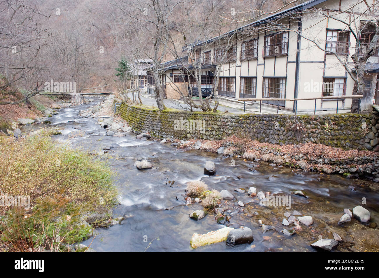 River flowing through Aoni Onsen hot spring resort, Aomori prefecture, Japan Stock Photo