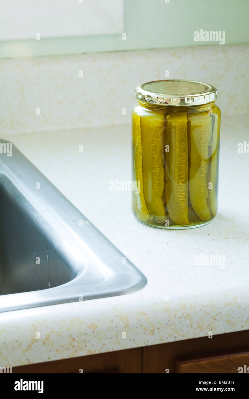 jar of pickles in kitchen Stock Photo