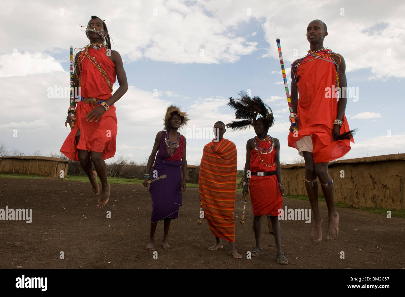 Masai performing warrior dance, Masai Mara, Kenya, East Africa Stock Photo