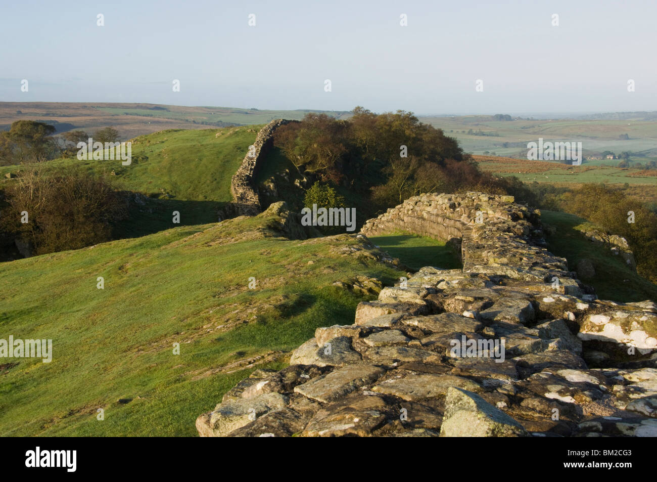 View west at Walltown Crags, Hadrian's Wall, UNESCO World Heritage Site, Northumberland, UK Stock Photo