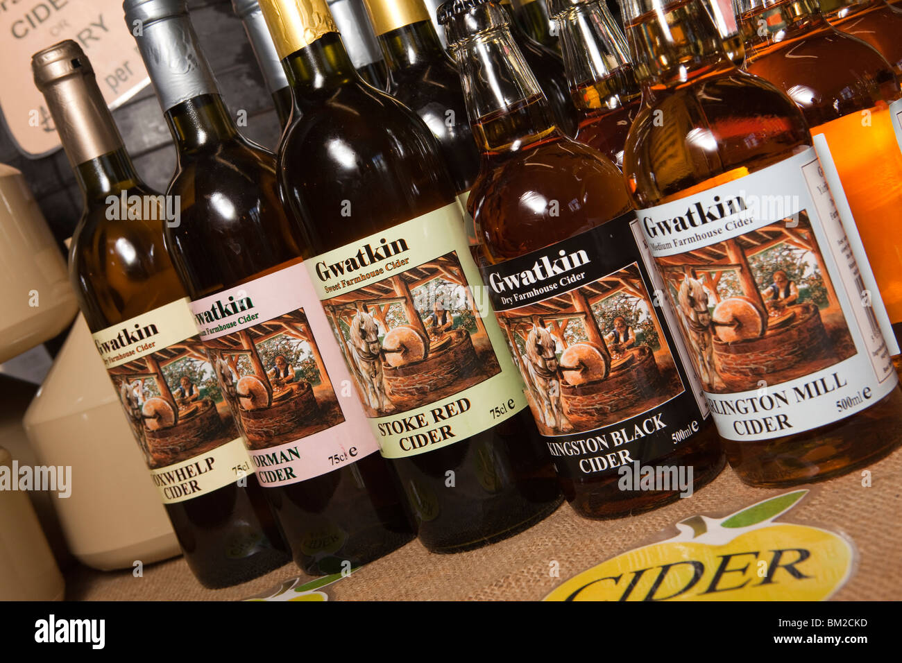 UK, England, Herefordshire, Putley, Big Apple Event, Gwatkin farmhouse cider products, bottles of ciders Stock Photo
