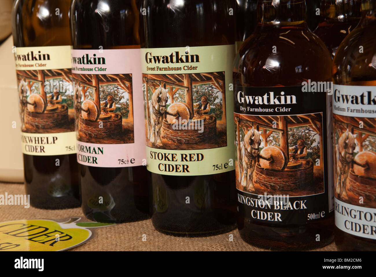 UK, England, Herefordshire, Putley, Big Apple Event, Gwatkin farmhouse cider products, bottles of craft ciders Stock Photo