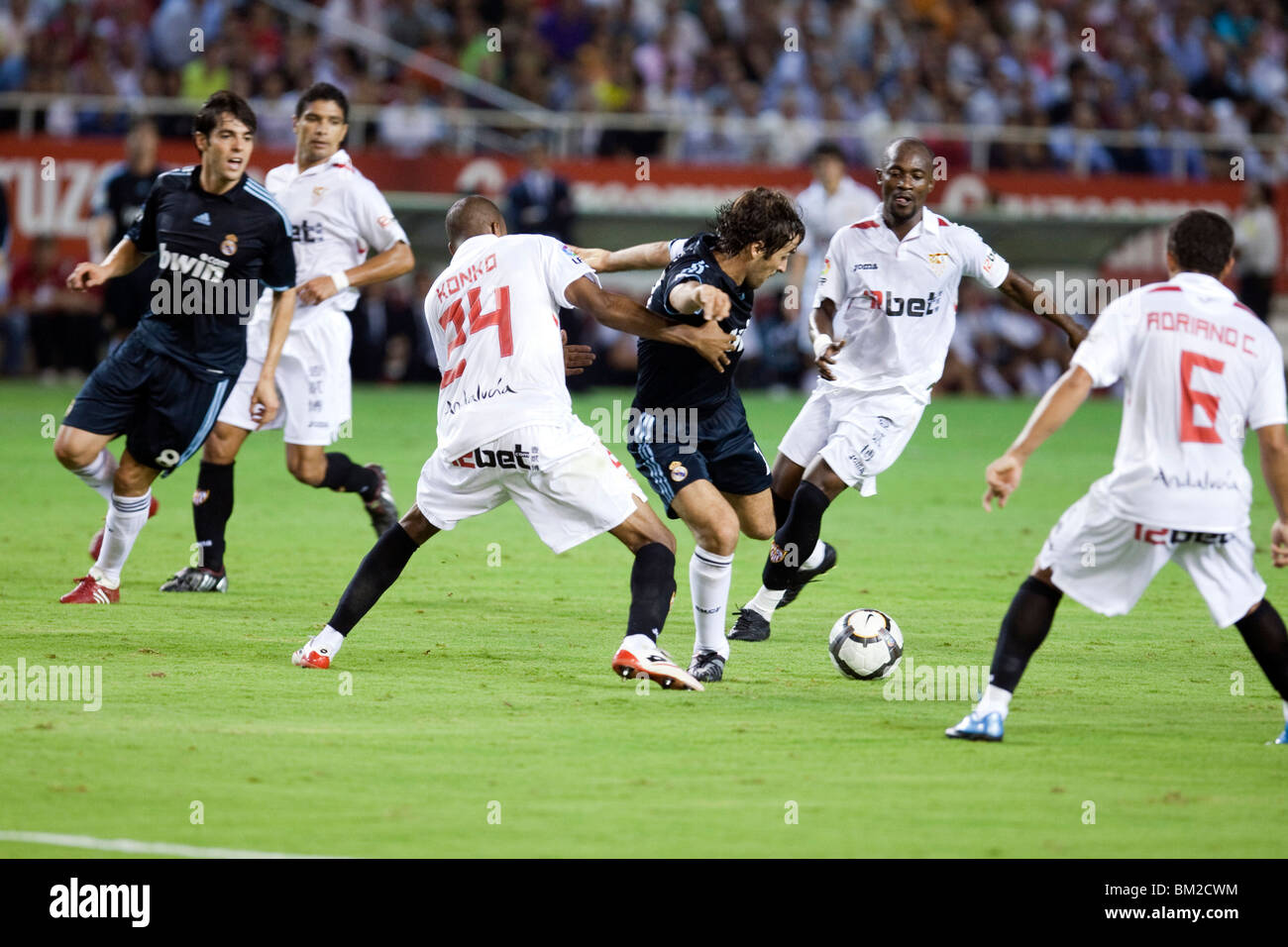 Raul surrounded by opponent players. Stock Photo