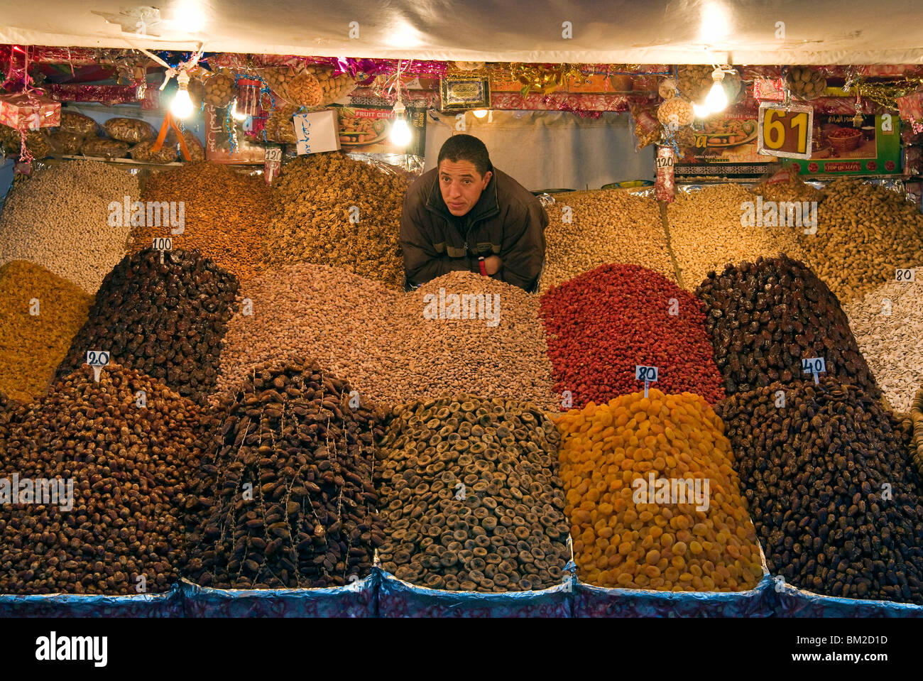 Dried fruit seller, Place Jemaa el Fna (Djemaa el Fna), Marrakech (Marrakesh), Morocco Stock Photo