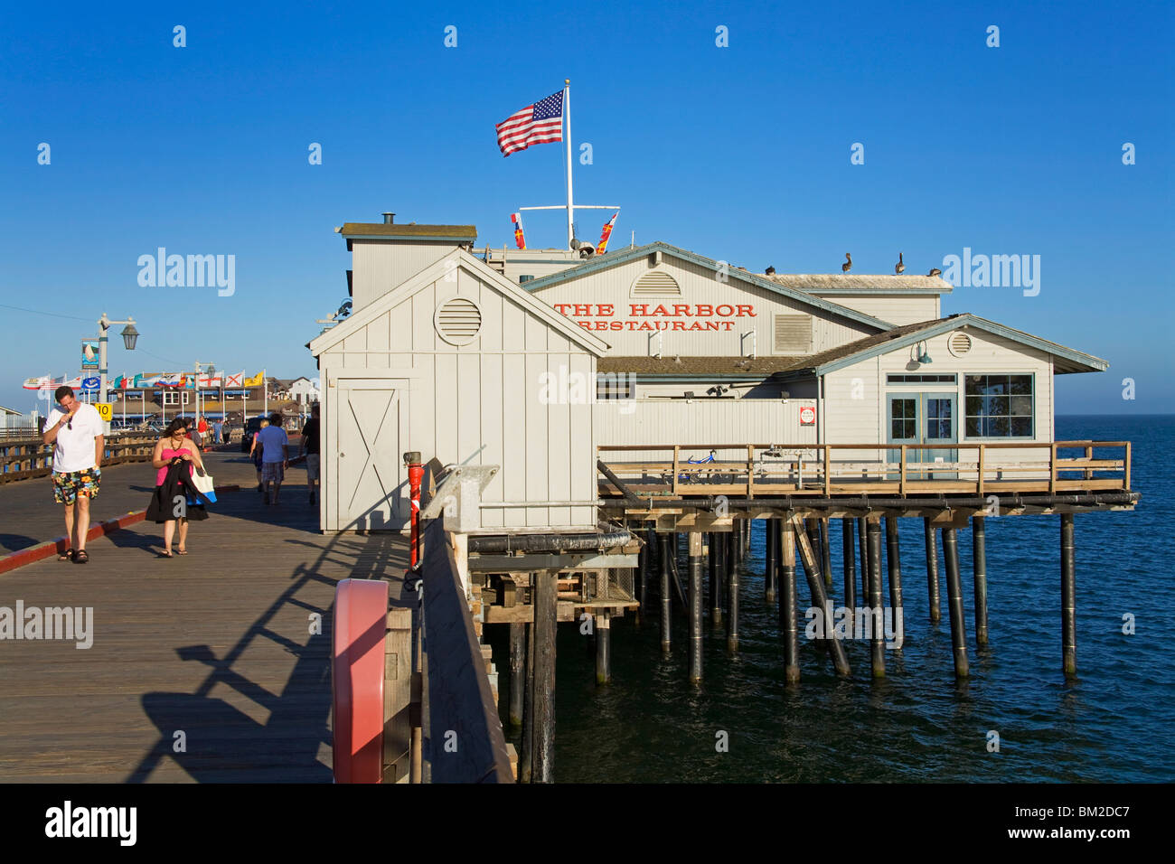 Seafood Restaurant on Stearns Wharf, Santa Barbara Harbor, California, USA Stock Photo