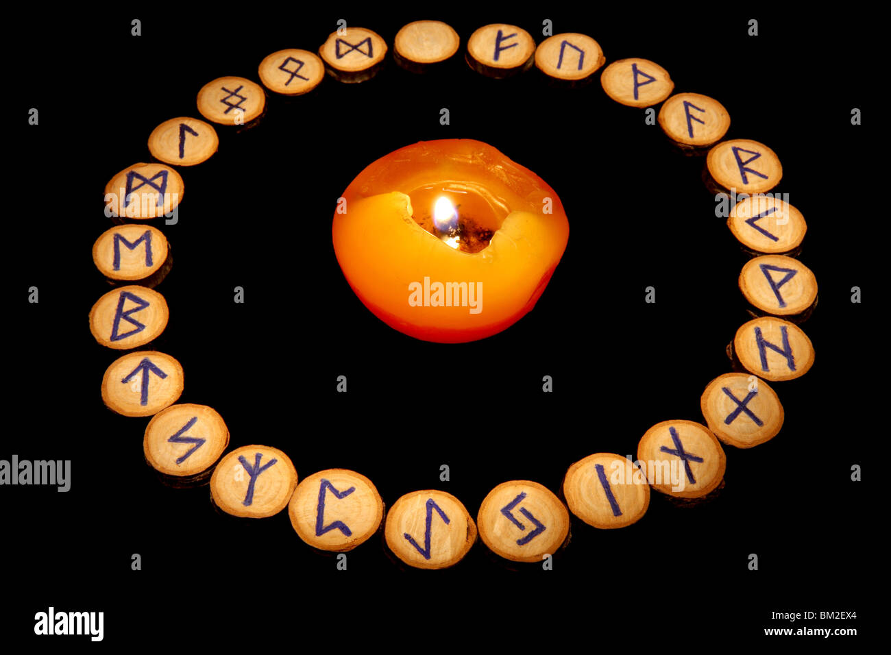 Runes set around candle in classical alphabetical order 