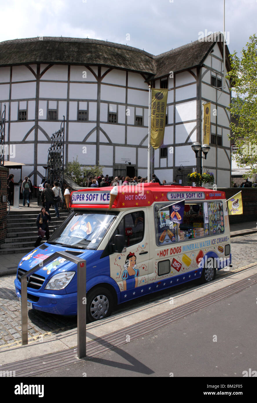 Ice Cream Van and Globe Theatre South Bank London May 2010 Stock Photo