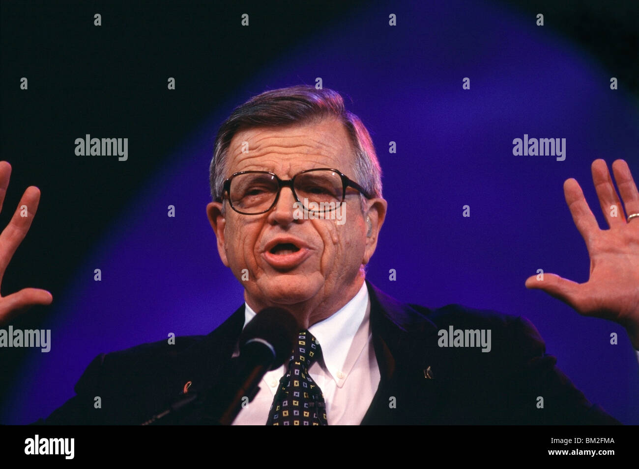 Charles W. Colson, Imprisoned for his involvement in Watergate, speaking during a Billy Graham crusade in Fresno, CA Stock Photo