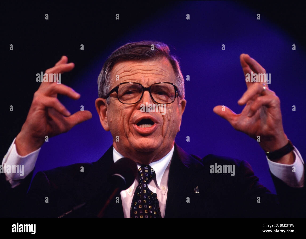 Charles W. Colson, Imprisoned for his involvement in Watergate, speaking during a Billy Graham crusade in Fresno, CA Stock Photo