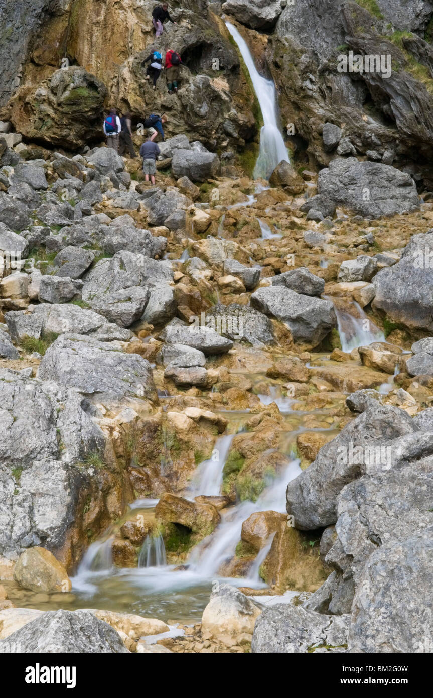 Climbing up the waterfalls at Goredale Scar at Malham Cove, Malhamdale, Yorkshire Dales National Park, Yorkshire, UK Stock Photo