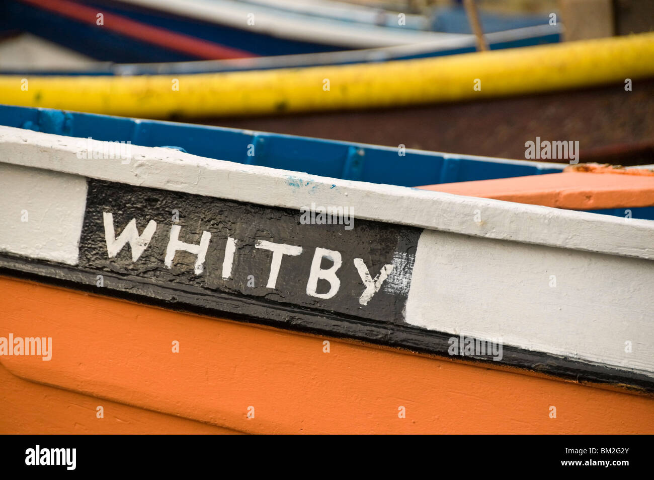 Close up of a colourful fishing boat in Whitby, Yorkshire, UK Stock Photo