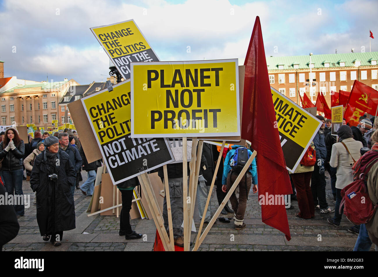 Spare placards in a bucket at the demonstration in front of the Parliament in Copenhagen at the UN Climate Change Conference. Climate march. Stock Photo
