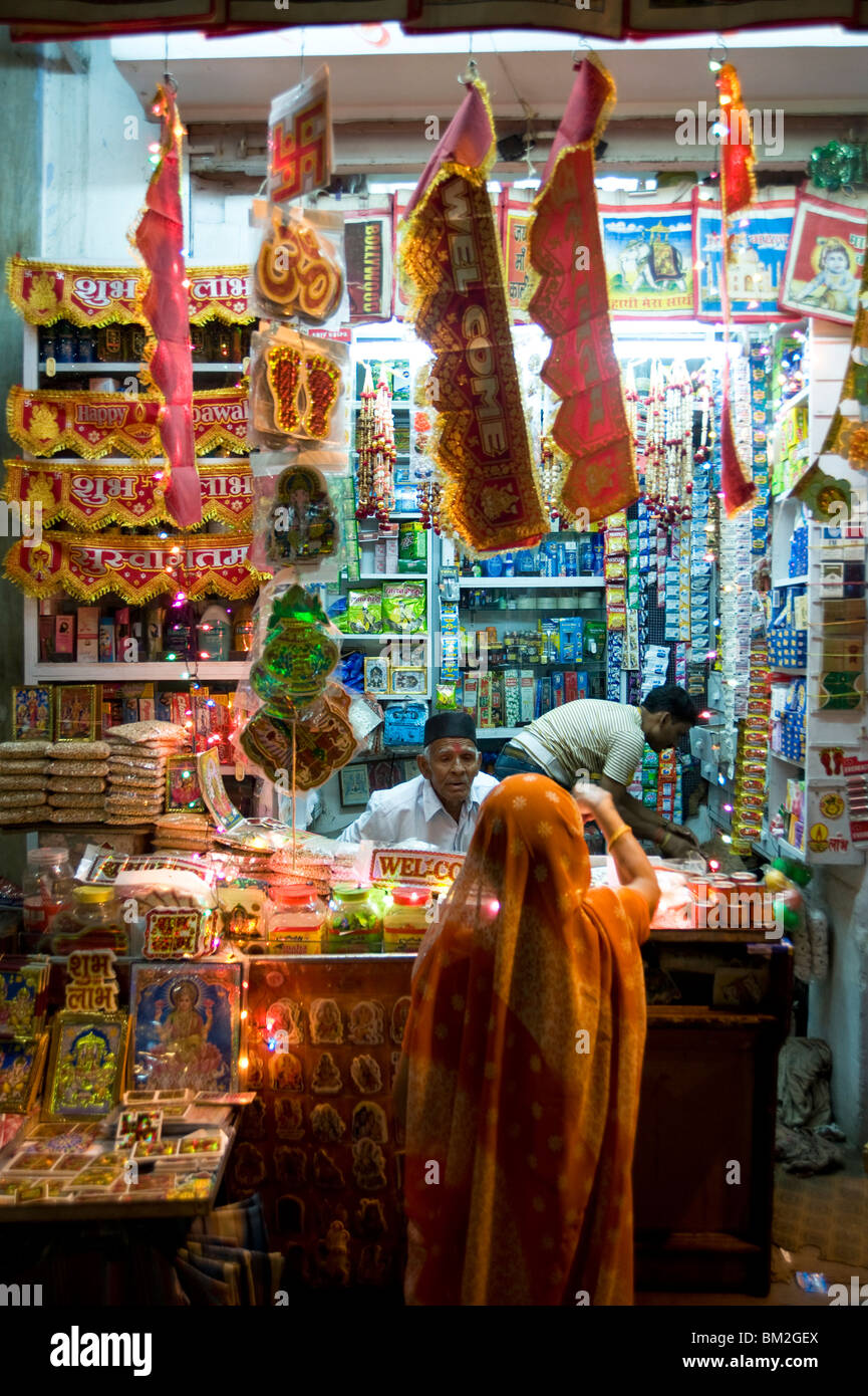 Small shop selling Diwali festival decorations, Udaipur, Rajasthan, India Stock Photo