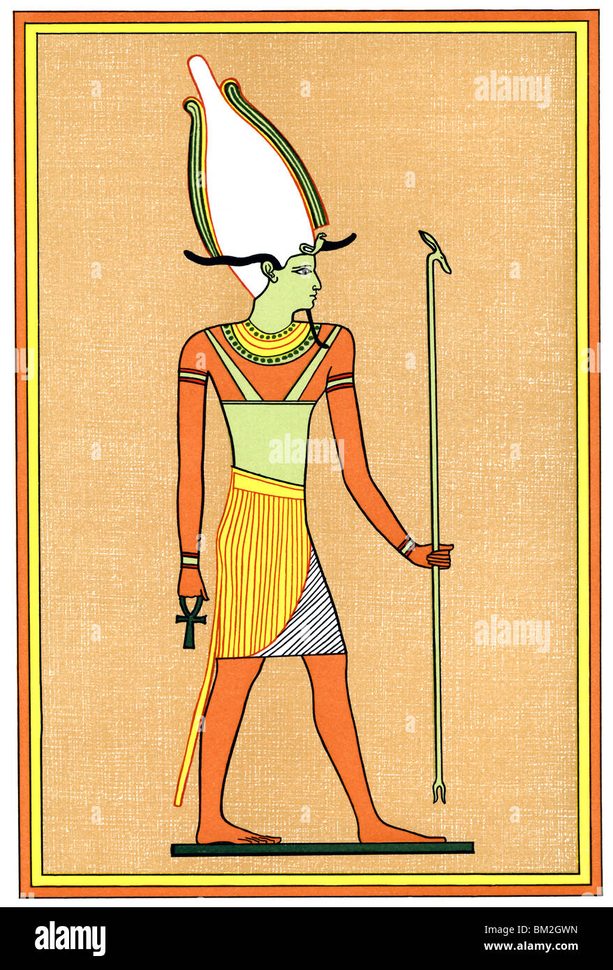 Osiris' body was usually colored red for the earth or green for vegetation; on his head is the atef crown. Stock Photo