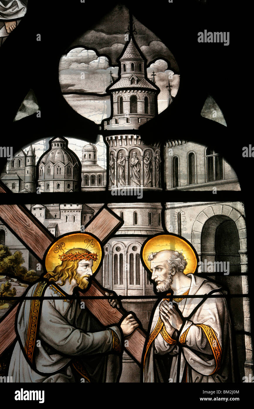 Stained glass window depicting Jesus and St. Peter, Notre Dame de Beaune church, Beaune, Cote d'Or, Burgundy, France Stock Photo