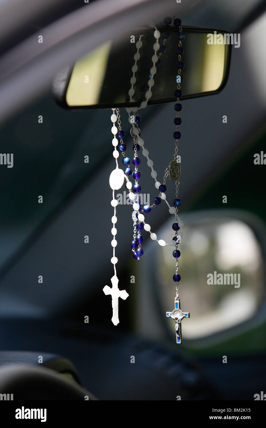 Rosaries in a car, Chatillon-sur-Chalaronne, Ain, France Stock Photo