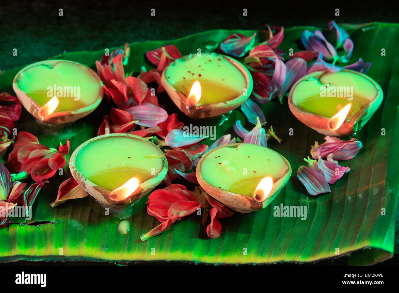 Oil lamps, Sri Maha Mariamman temple, Penang, Malaysia, Southeast Asia Stock Photo