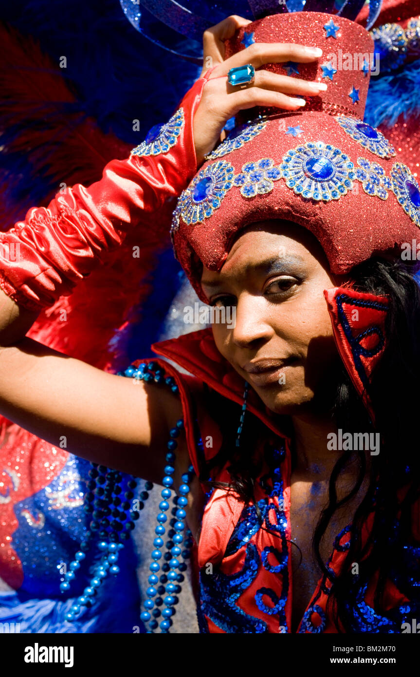 Pretty woman in colourful Carnival costume, Mindelo, Sao Vicente, Cape Verde Stock Photo