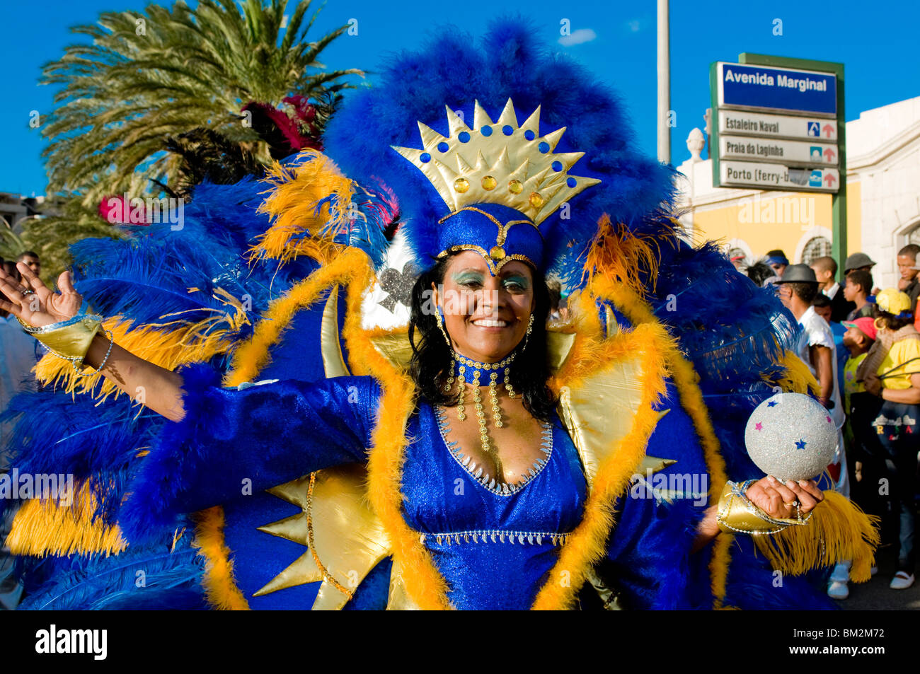 Pretty woman in colourful Carnival costume, Mindelo, Sao Vicente, Cape Verde Stock Photo