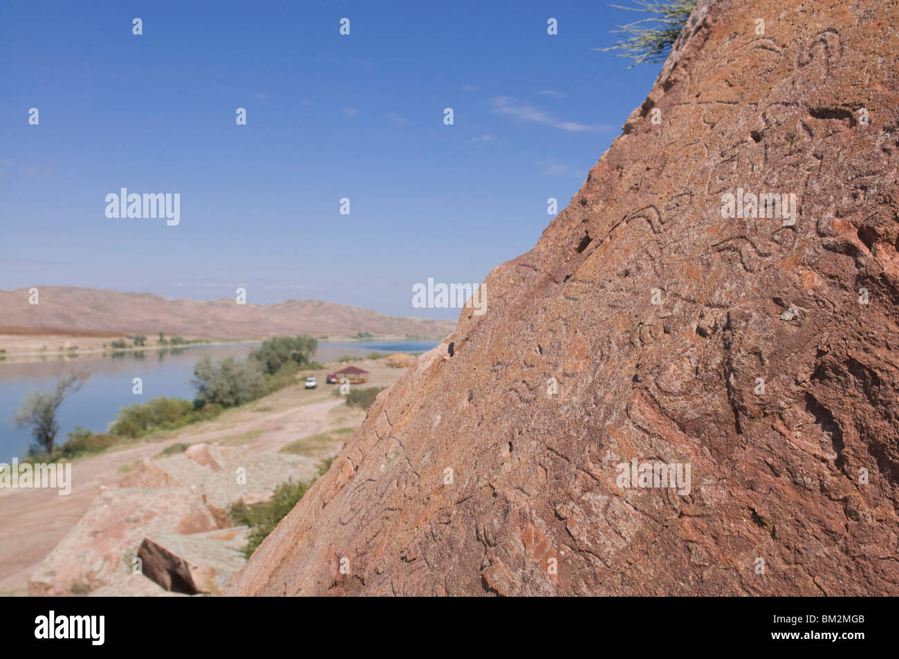 Buddhist rock carvings, Tamagaly Das, Kazakhstan Stock Photo