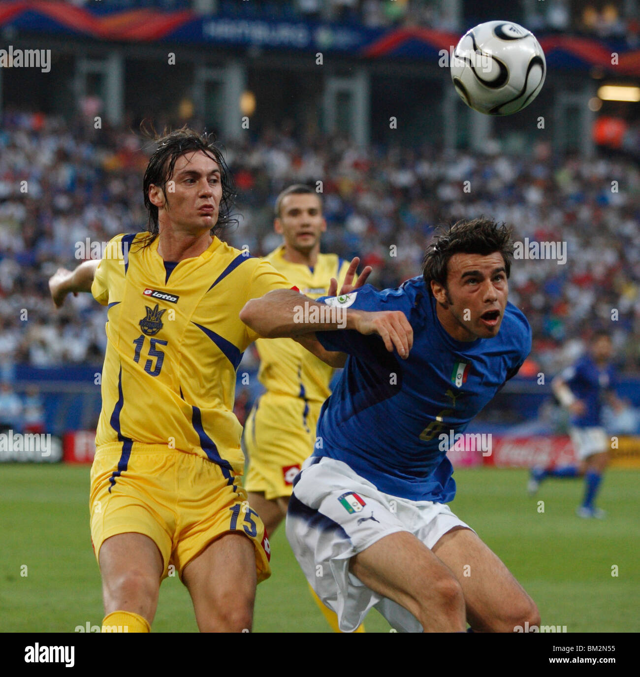 Artem Milevskiy of Ukraine (L) and Andrea Bazragli of Italy (R) vie for the ball during a 2006 World Cup quarterfinal match. Stock Photo