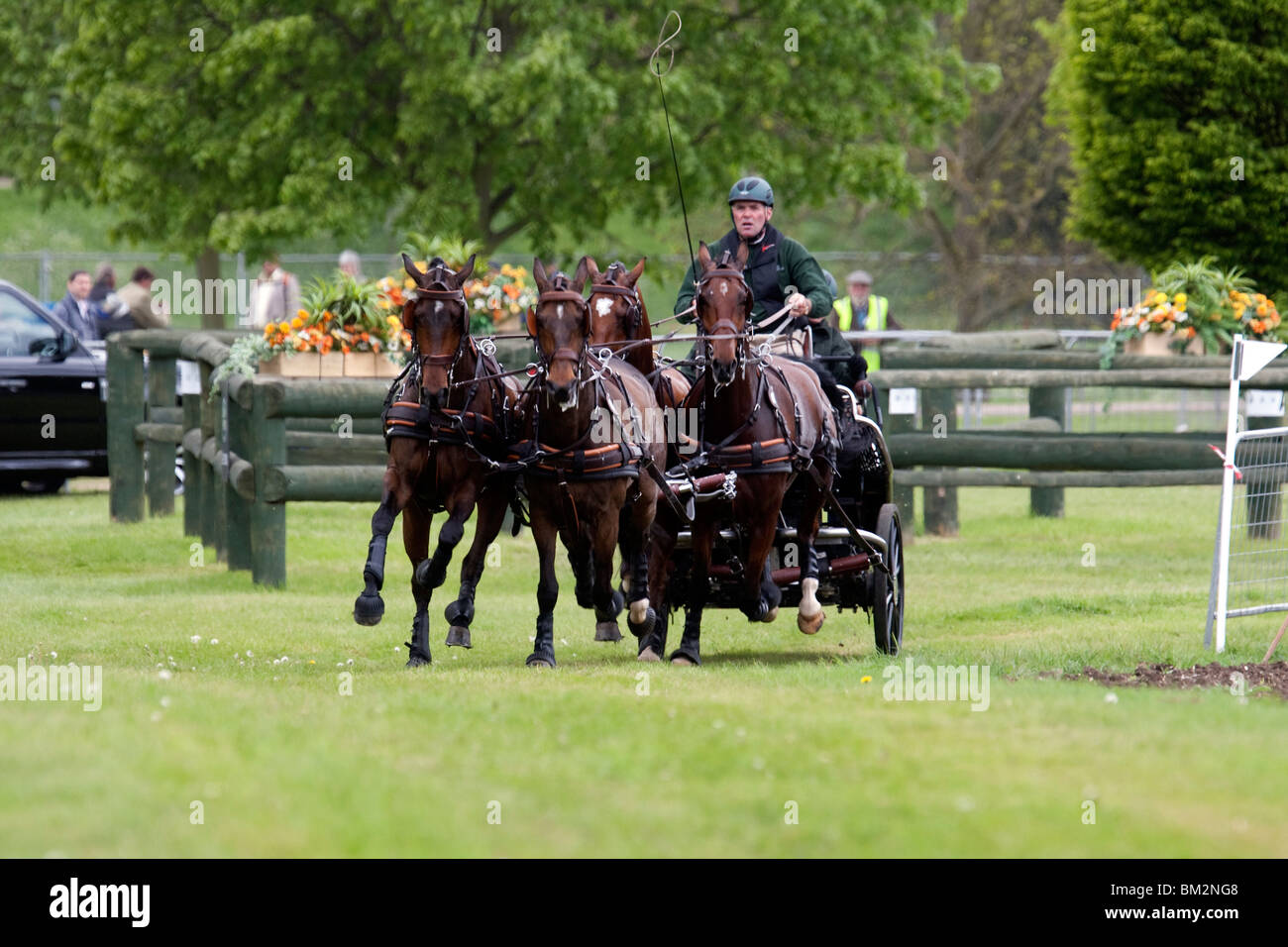A competitor in the cross country carriage event at the Royal Windsor Horse Show in the grounds of Windsor Castle Stock Photo