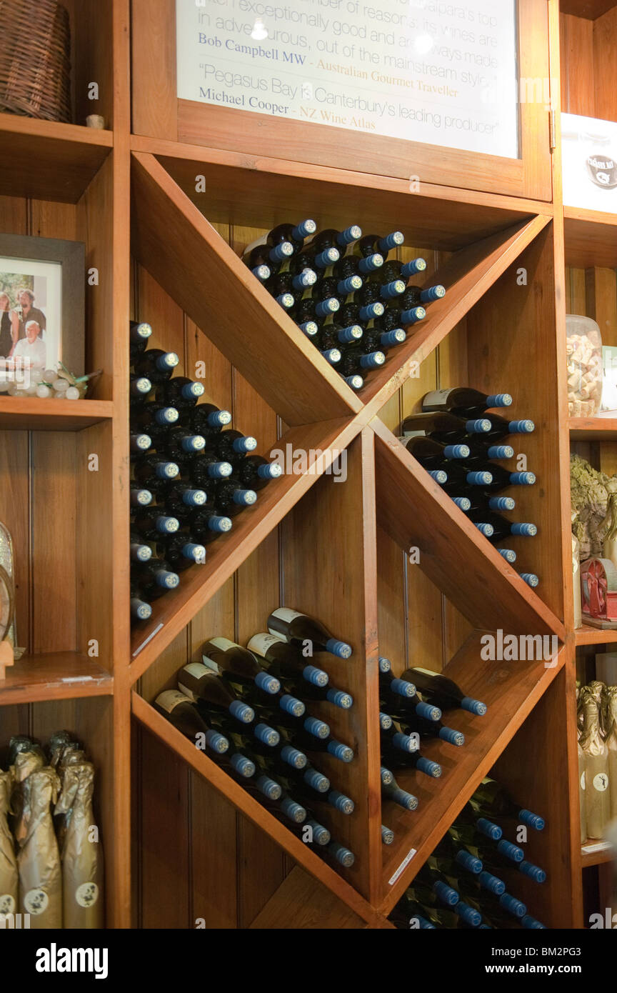 Bottles of wine at Pegasus Bay Winery in the Waipara area of Canterbury on New Zealand's South Island Stock Photo
