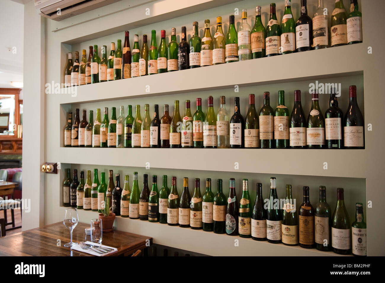Empty wine bottles on display at Pegasus Bay Winery in the Waipara area of Canterbury on New Zealand's South Island Stock Photo